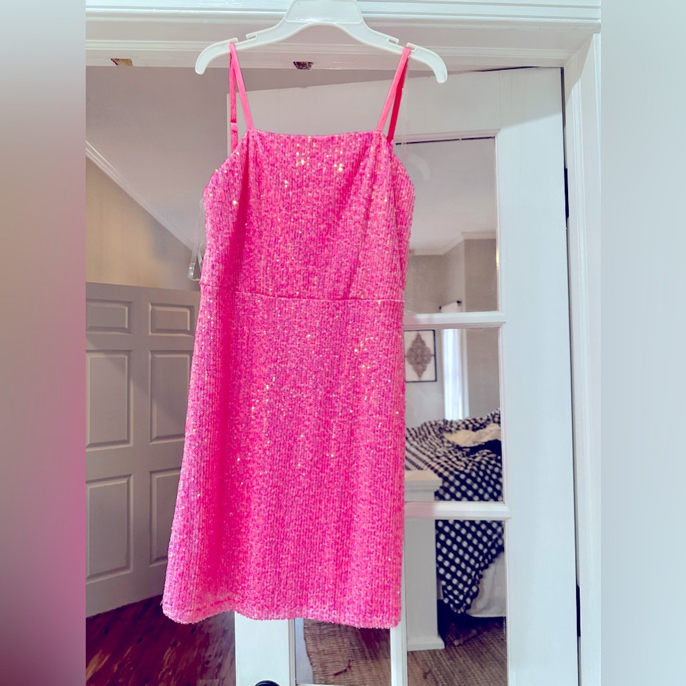 Hot pink, sequin. Mini dress